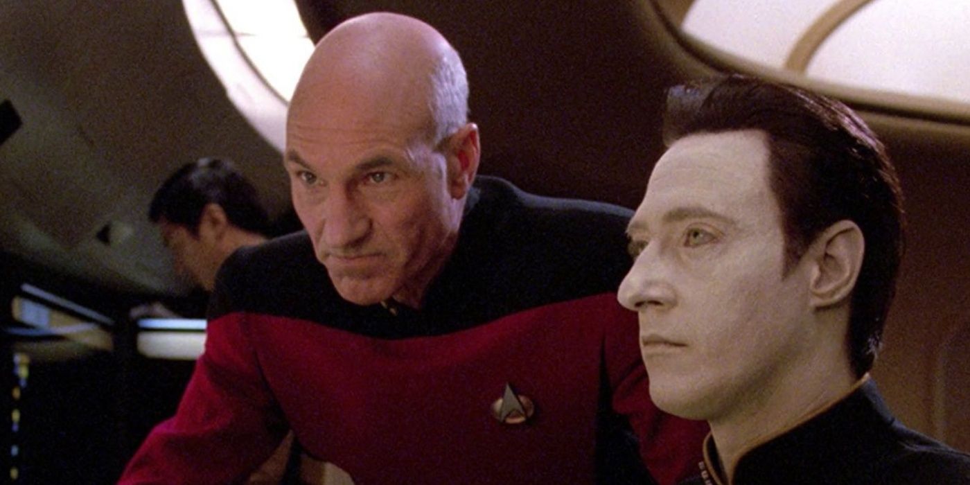 Picard working with Data on the bridge