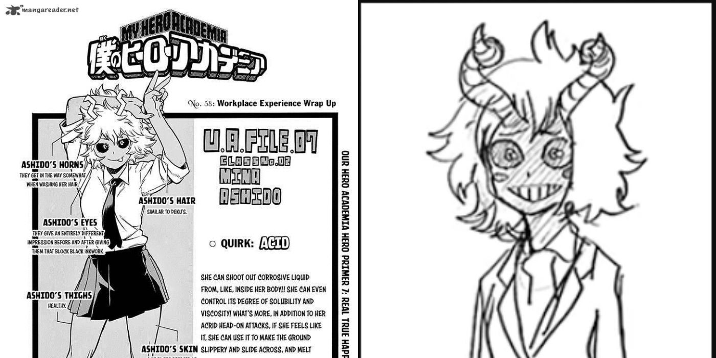 Early sketches of the My Hero Academia character Mina Ashido.