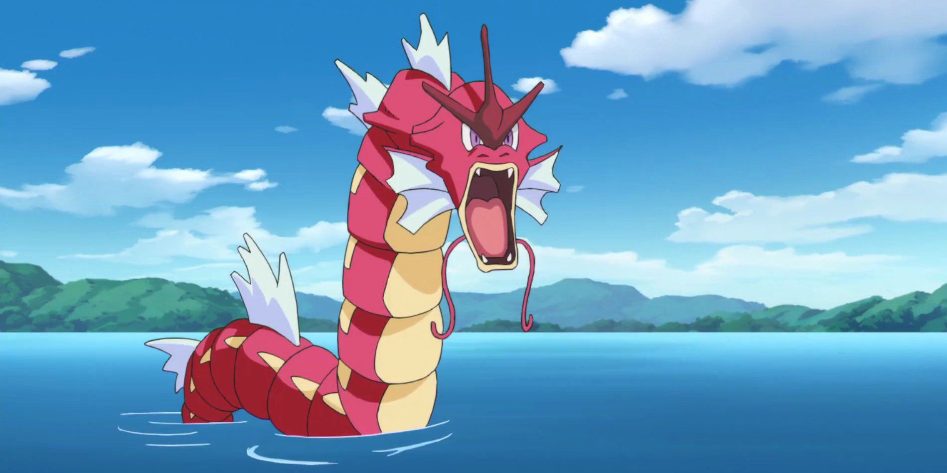Gyarados rises from the water to attach in Pokemon: Sword &amp; Shield.