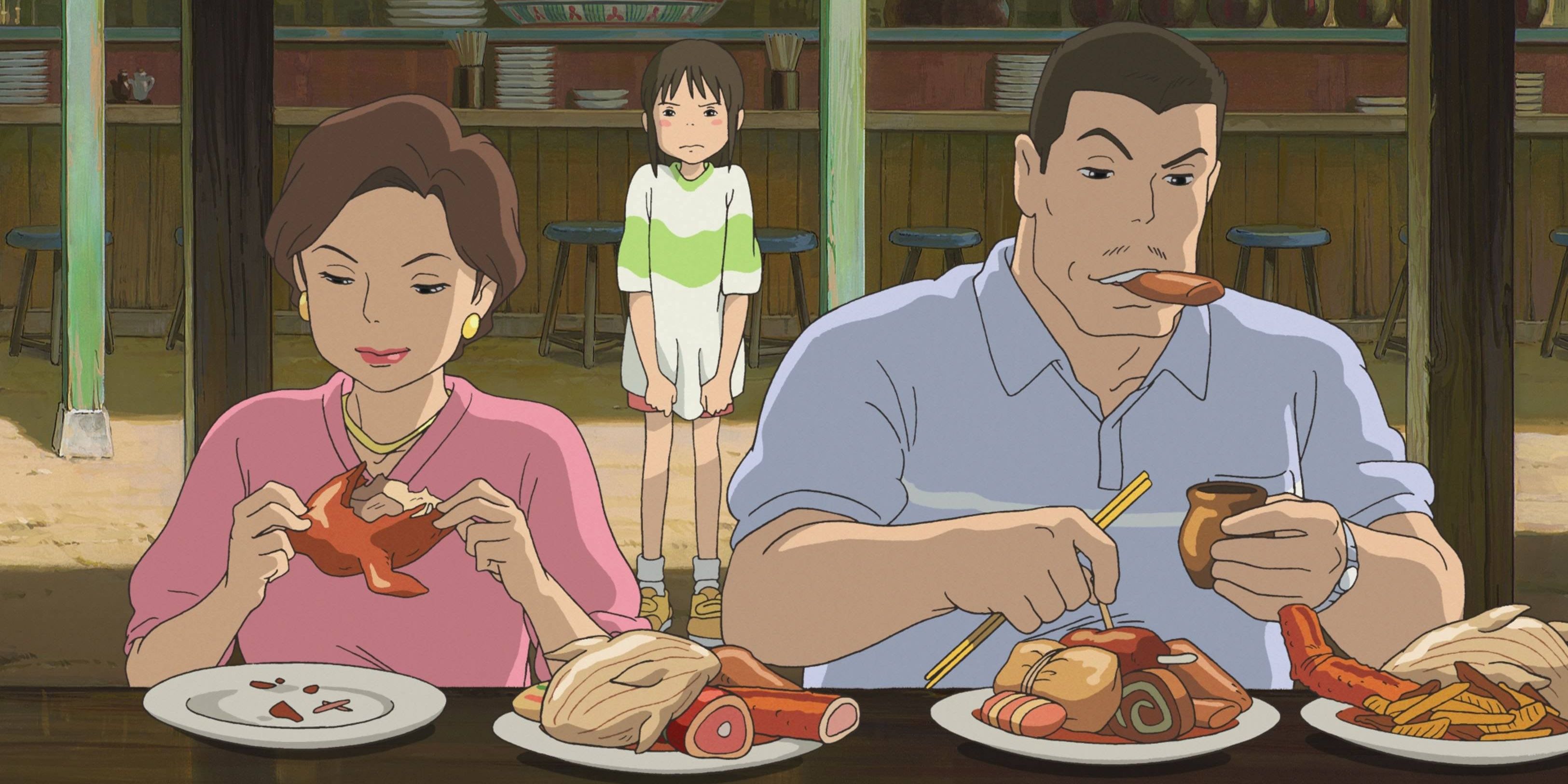 Chihiro's parents eating food while Chihiro looks on angrily.