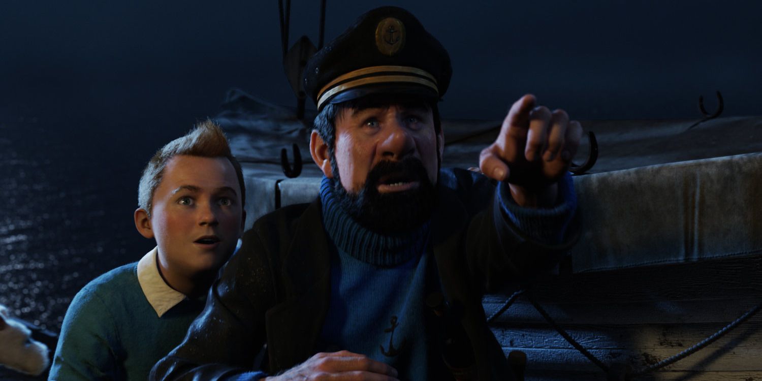 Captain Haddock points at something to Tintin in The Adventures Of Tintin