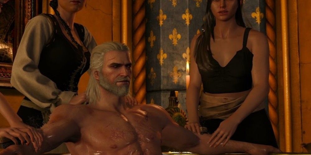 Video Game Geralt in a bathtub surronded by three women