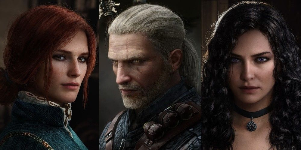 Geralt, Triss, and Yennefer as the characters appear in The Witcher 3.