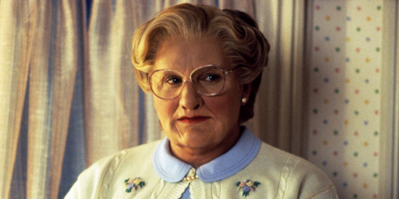 Robin Williams as Mrs. Doubtfire looking serious
