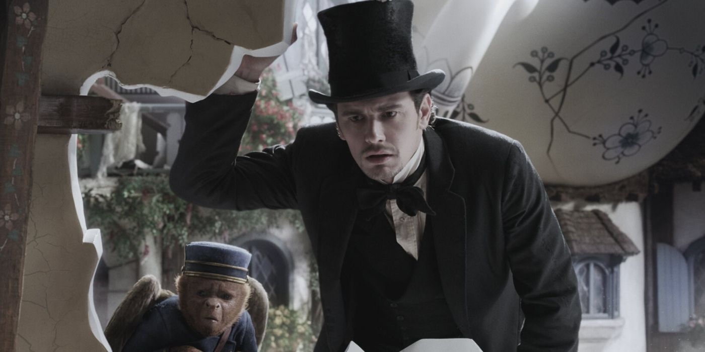 The Wizard enters a house with a flying monkey in Oz the Great and Powerful