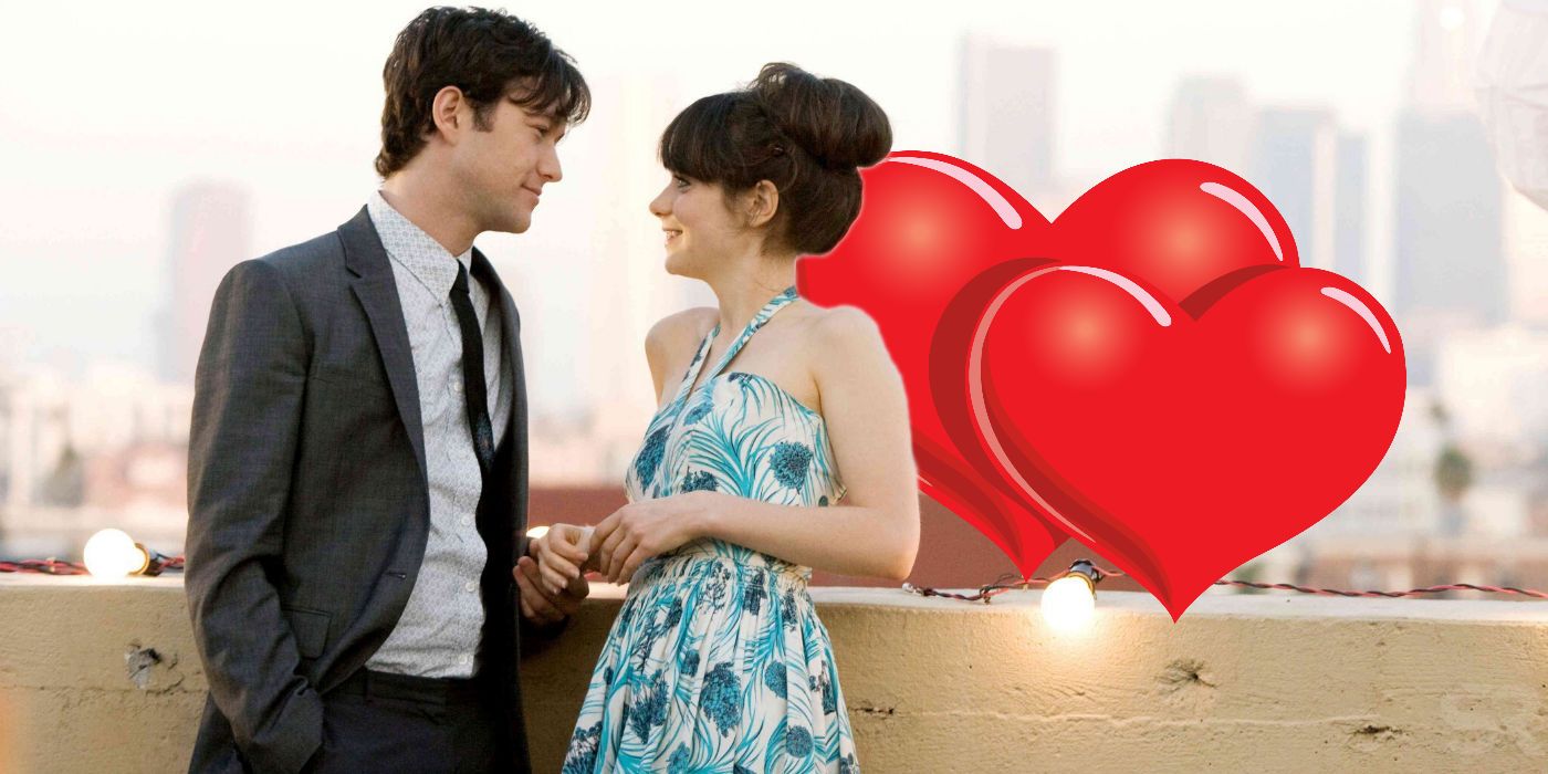 An image of Tom and Summer smiling at each other in (500) Days of Summer with hearts