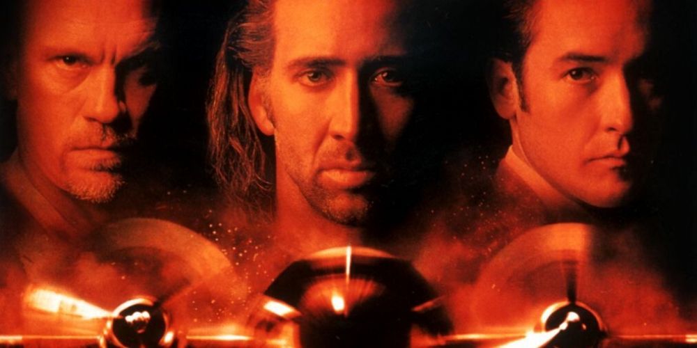 The poster for Con Air features John Malkovich, Nicolas Cage, and John Cusack