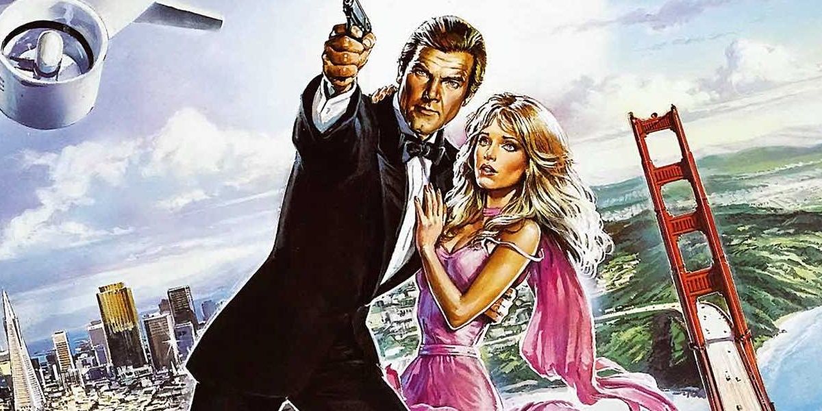 A poster for A View to a Kill showing James Bond pointing a gun while holding a woman