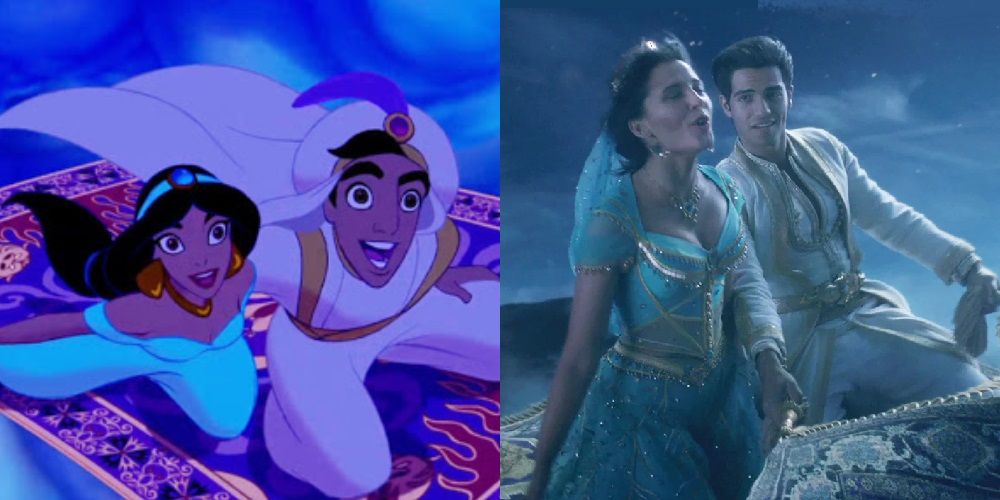 Uma imagem dividida apresenta Aladdin e Jasmine em animação da Disney e ação ao vivo
