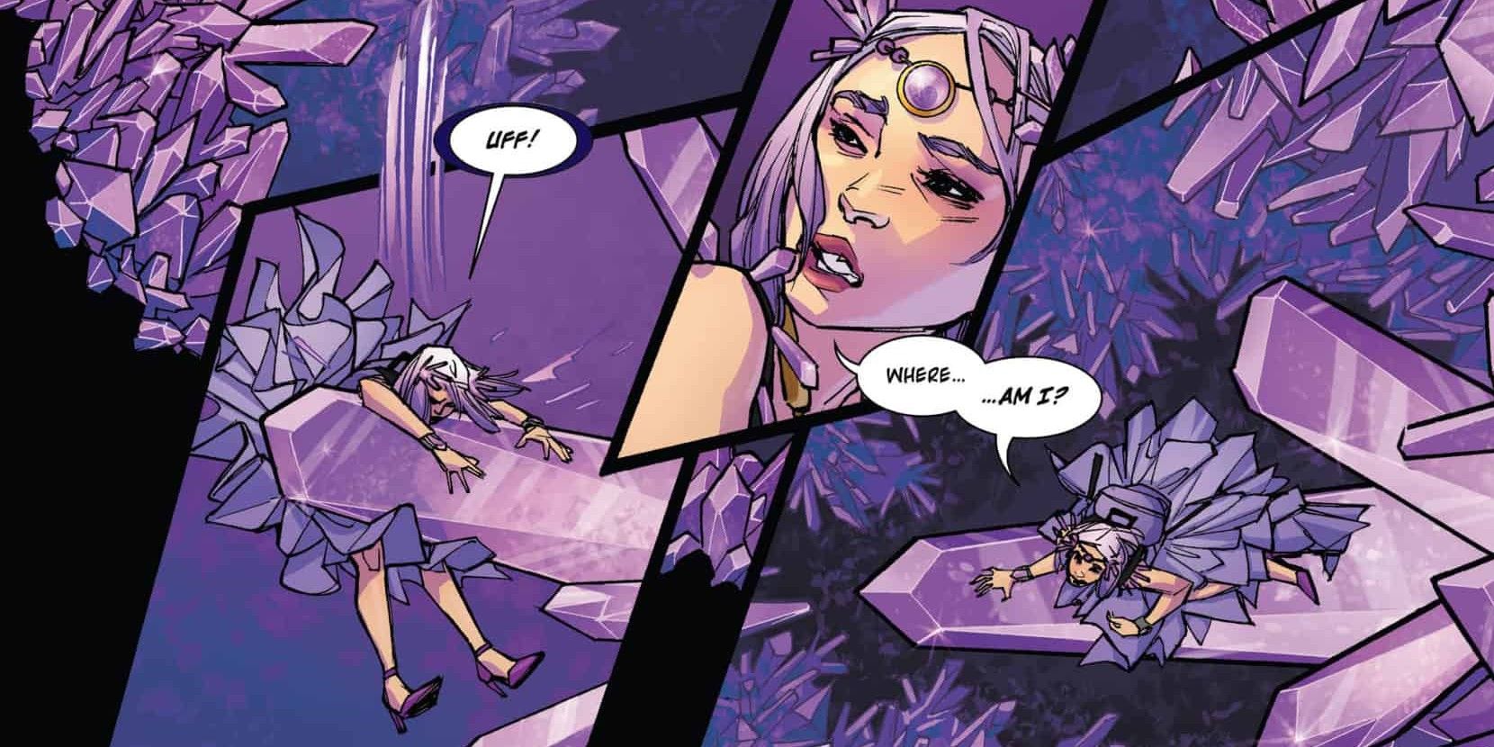 Comic book panels: Amethyst discovers her kingdom gone.