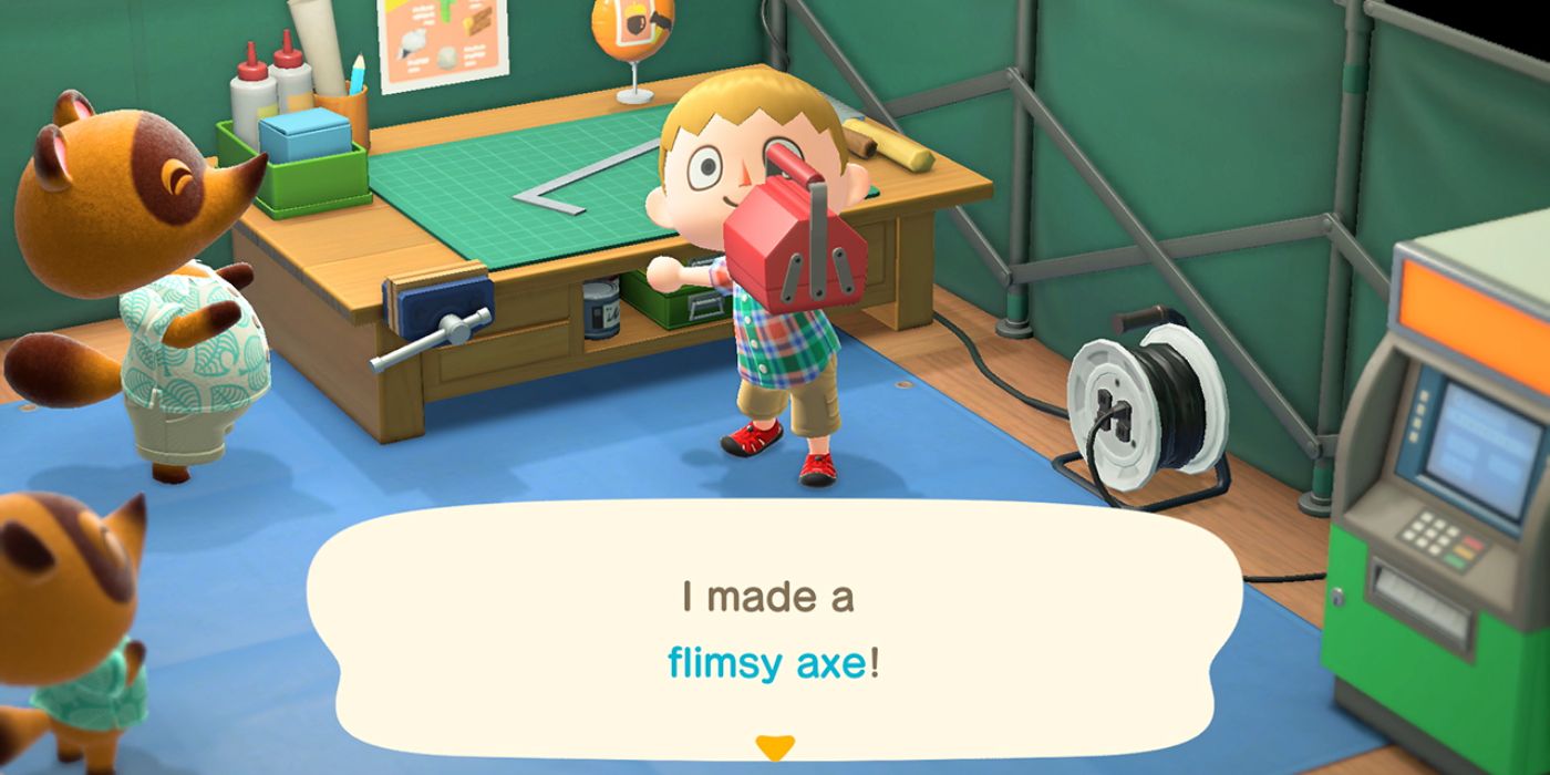 A player in Animal Crossing standing next to a crafting table and making a flimsy axe.