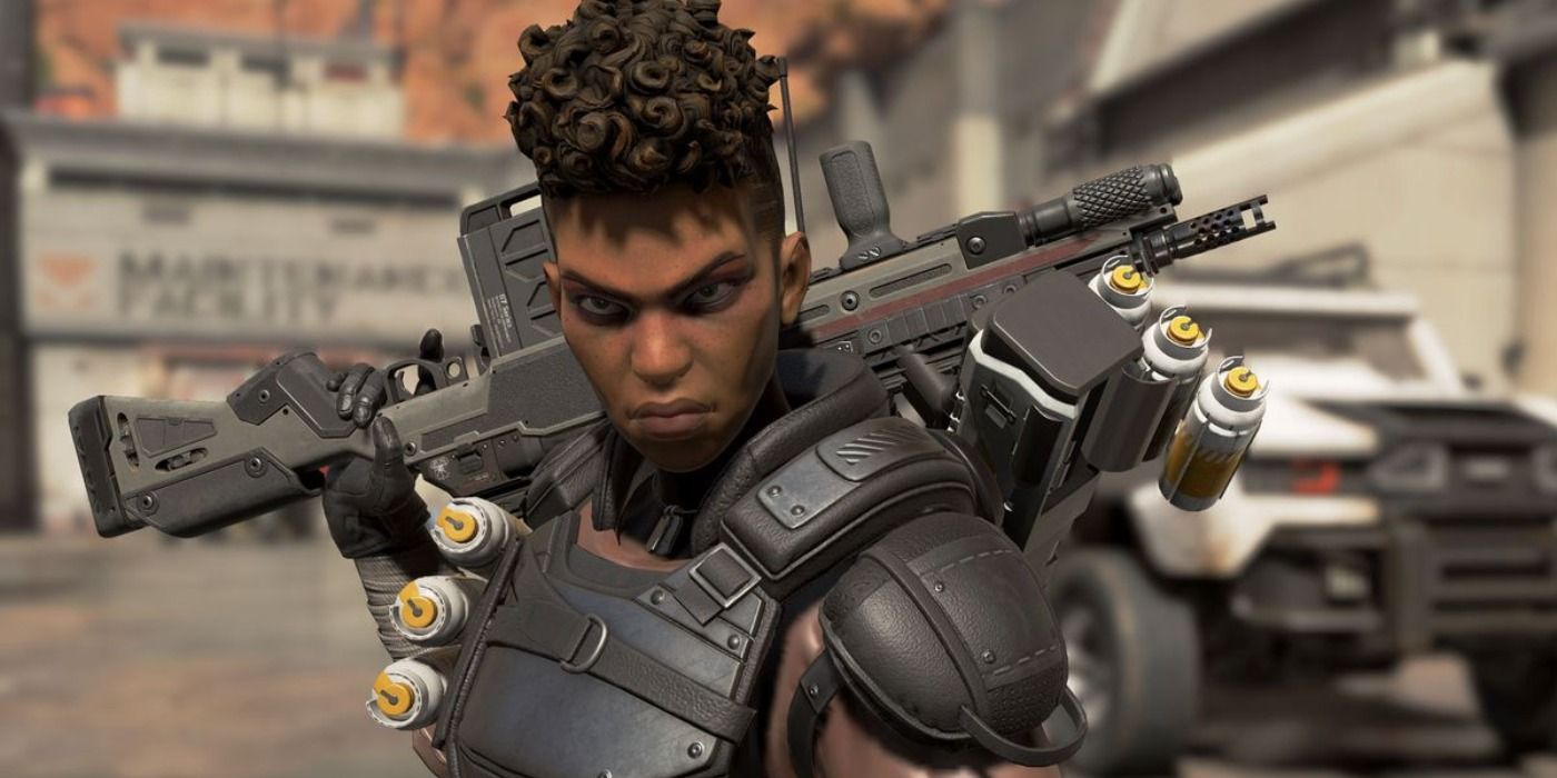 Bangalore looking fierce and holding a gun in Apex Legends