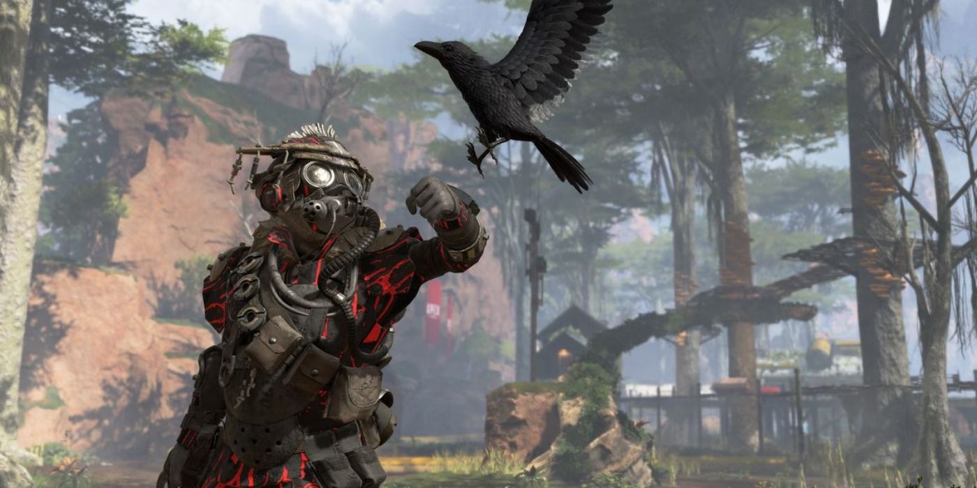A raven landing on Bloodhound's arm in Apex Legends 