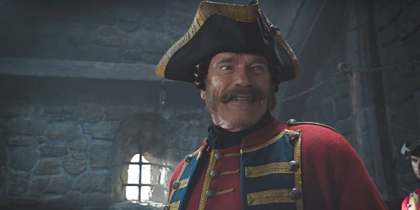 Captain James Hook (Arnold Schwarzenegger) smiling In Bizarre Iron Mask Trailer