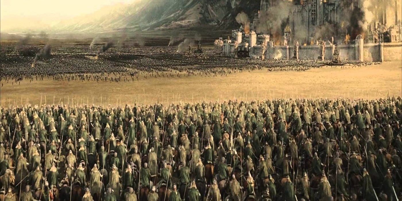 The Rohirrim arrive at the Battle of Pellenor Fields in Return of the King.