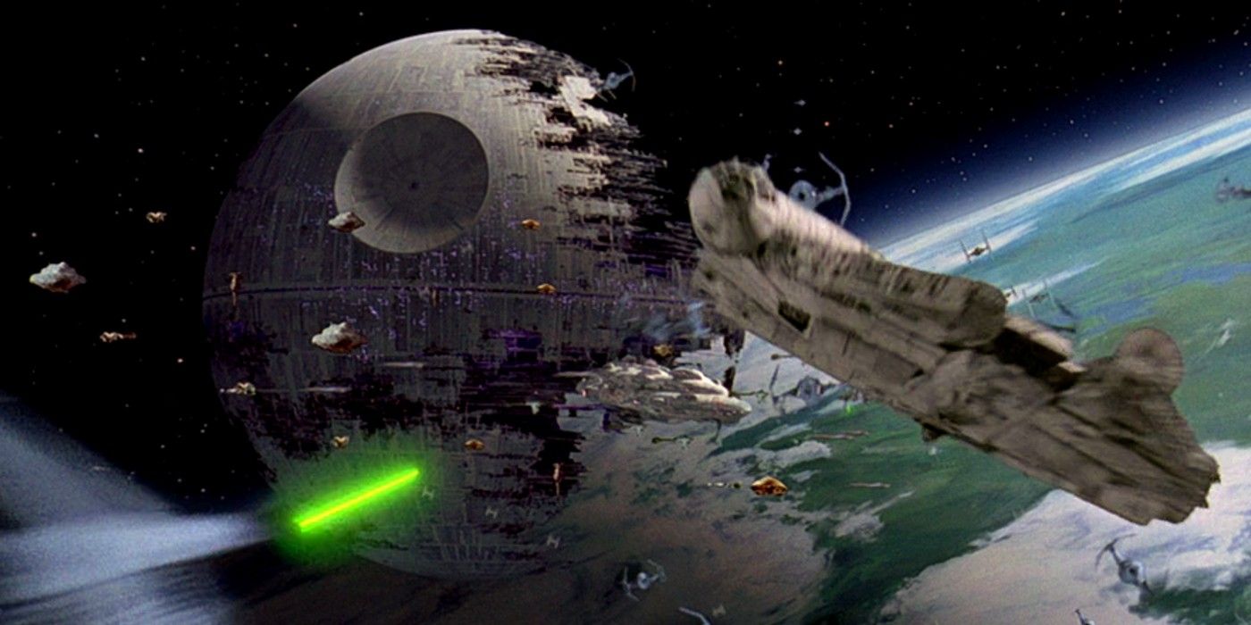 The Millennium Falcon and the Death Star II during the Battle of Endor in Return of the Jedi