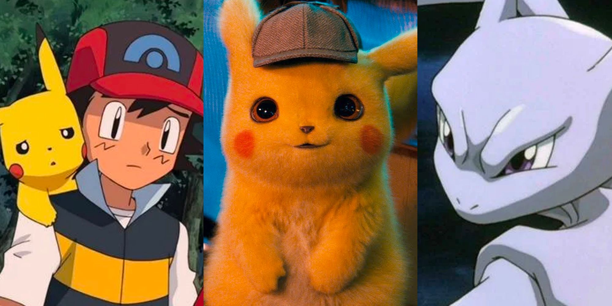 A colage of Ash, Pikachu and Mewtwo from various pokemon movies