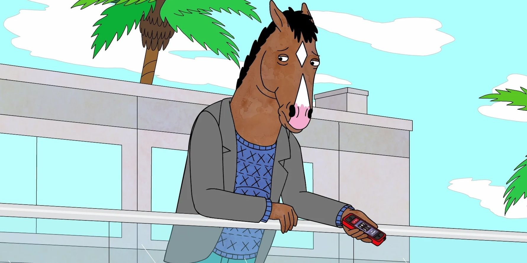 BoJack holds a cell phone over a railing in BoJack Horseman.
