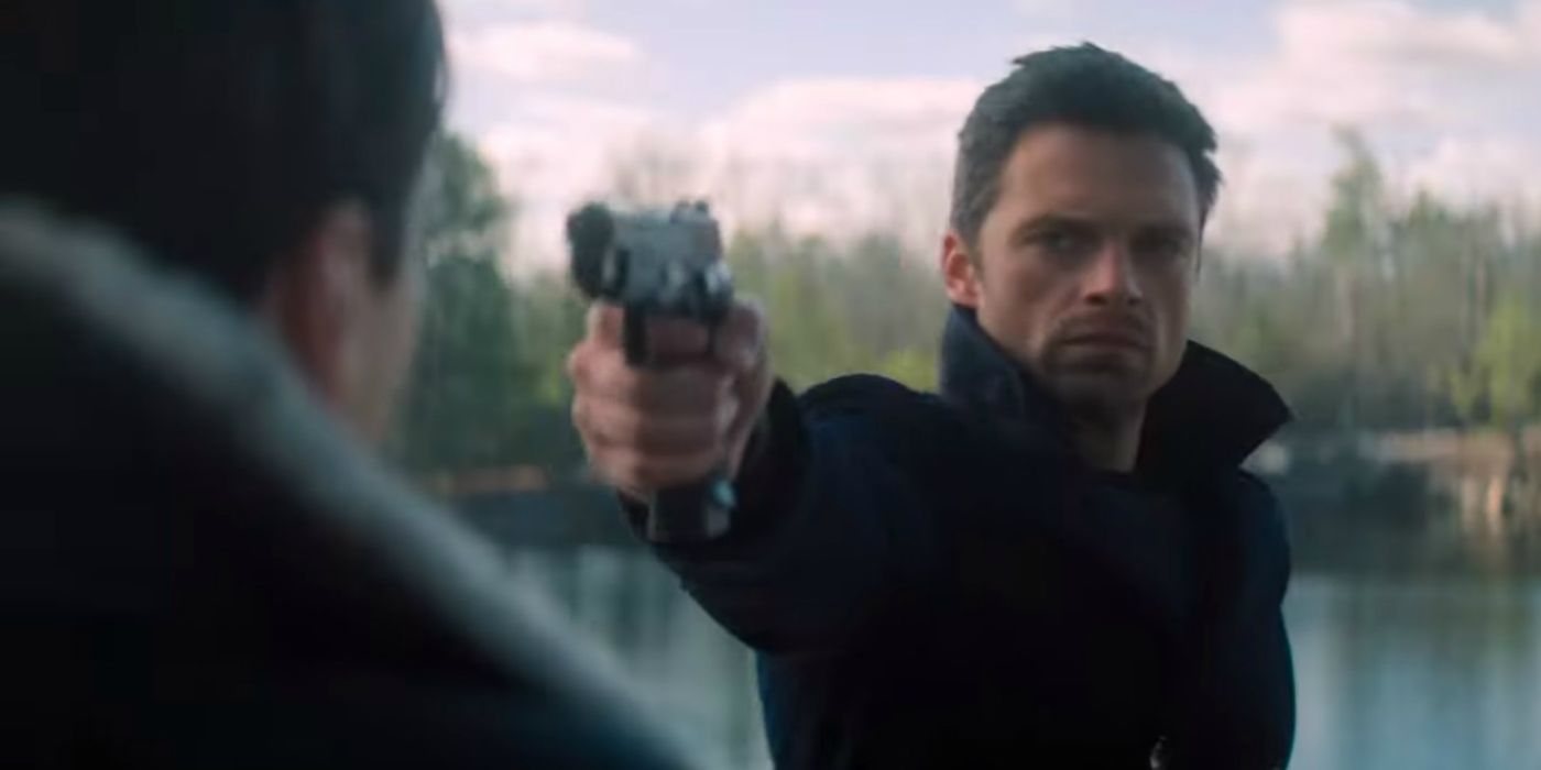 Bucky pointing a gun at Zemo in the MCU