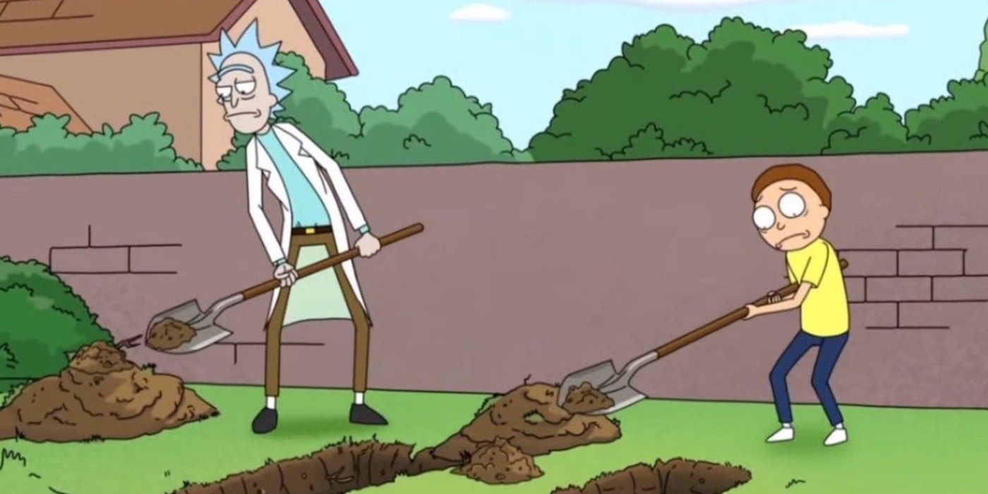 Rick e Morty cavam buracos para se enterrar em Rick e Morty