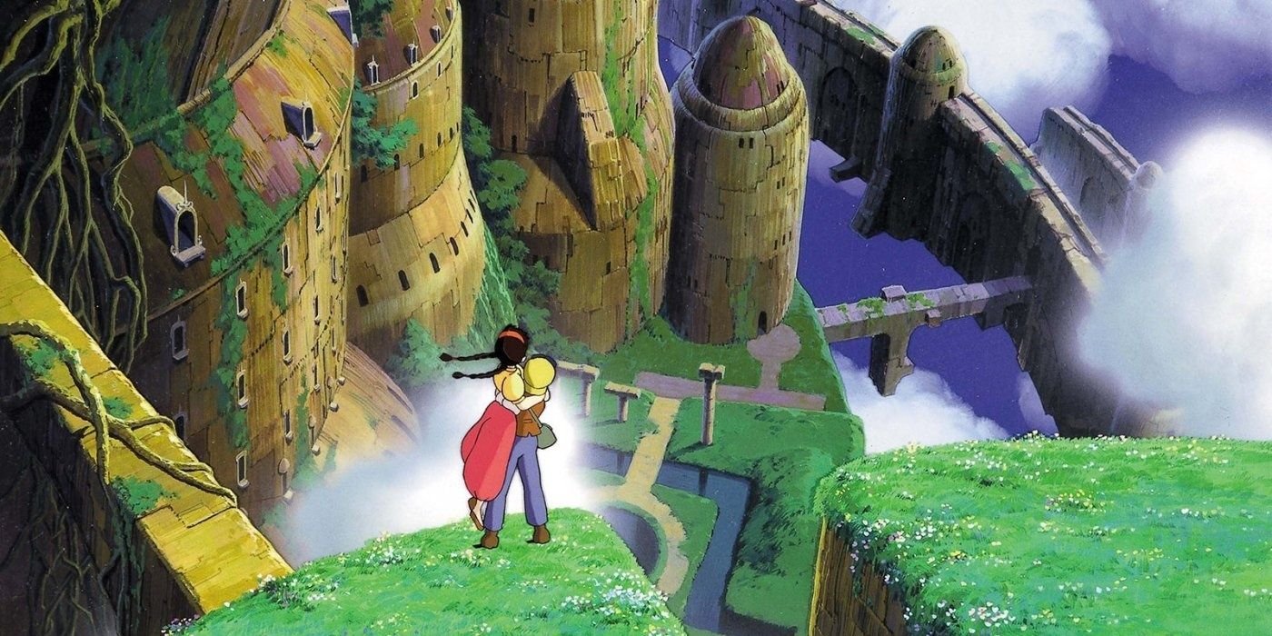 Pazu e Sheeta se abraçando enquanto olham para o castelo no céu.