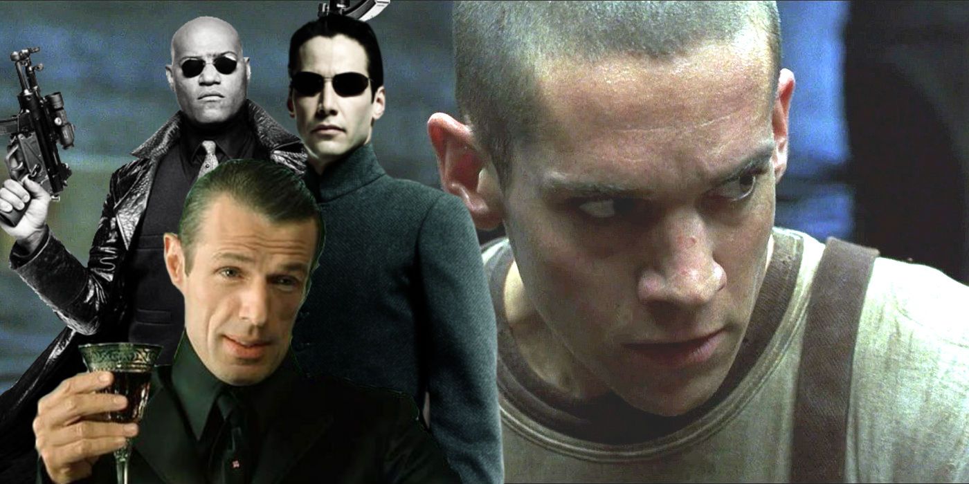 Clayton Watson as Kid, Laurence Fishburne as Morpheus, Keanu Reeves as Neo and Lambert Wilson as Merovingian in The Matrix