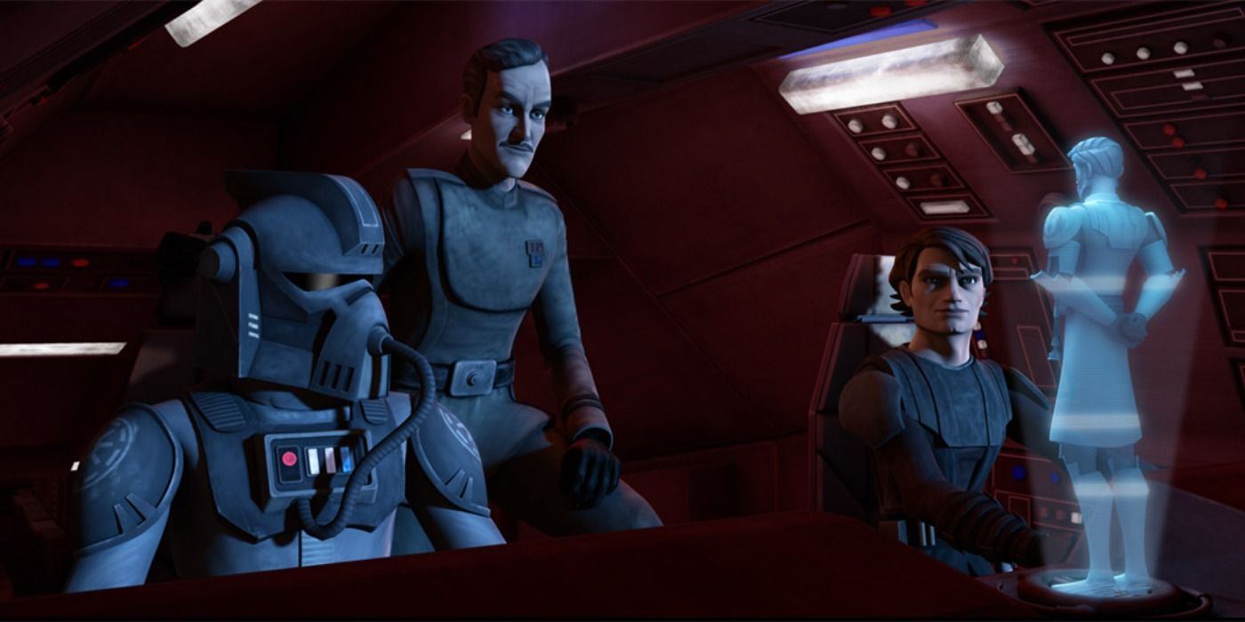 Comandante Blackout Anakin Skywalker e Wulf Yularen conversam com Obi-Wan via holograma sobre entregar recursos para Christophsis em The Clone Wars
