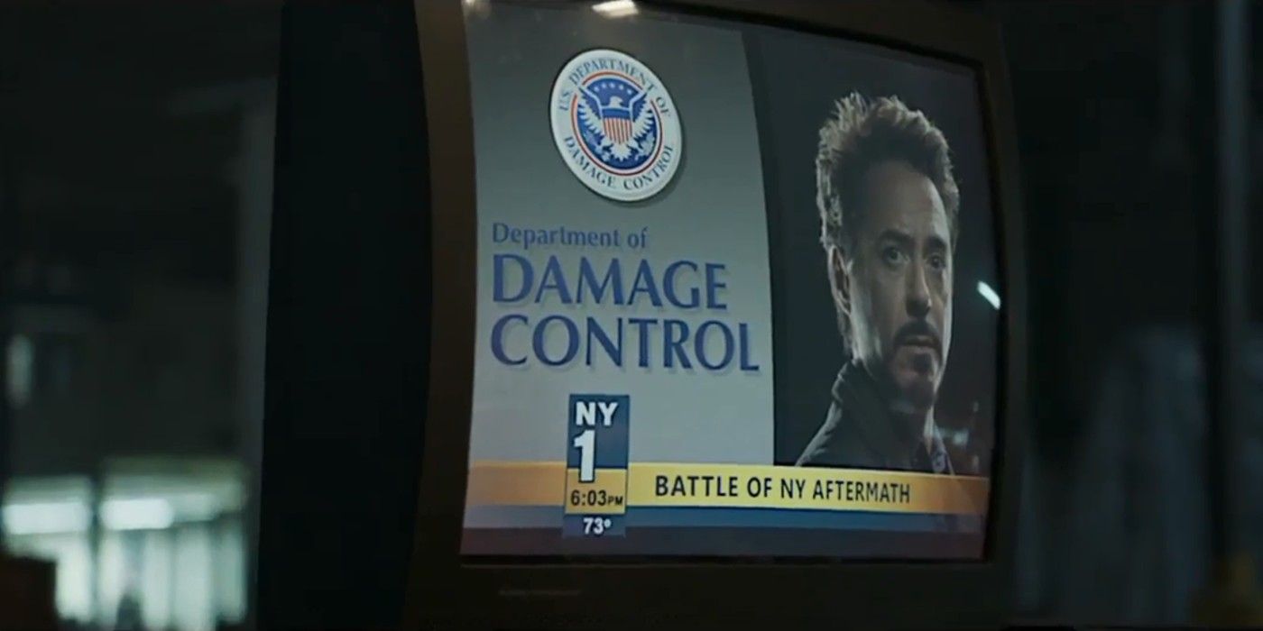 A TV screen displays an image of Tony Stark and the Department of Damage Control