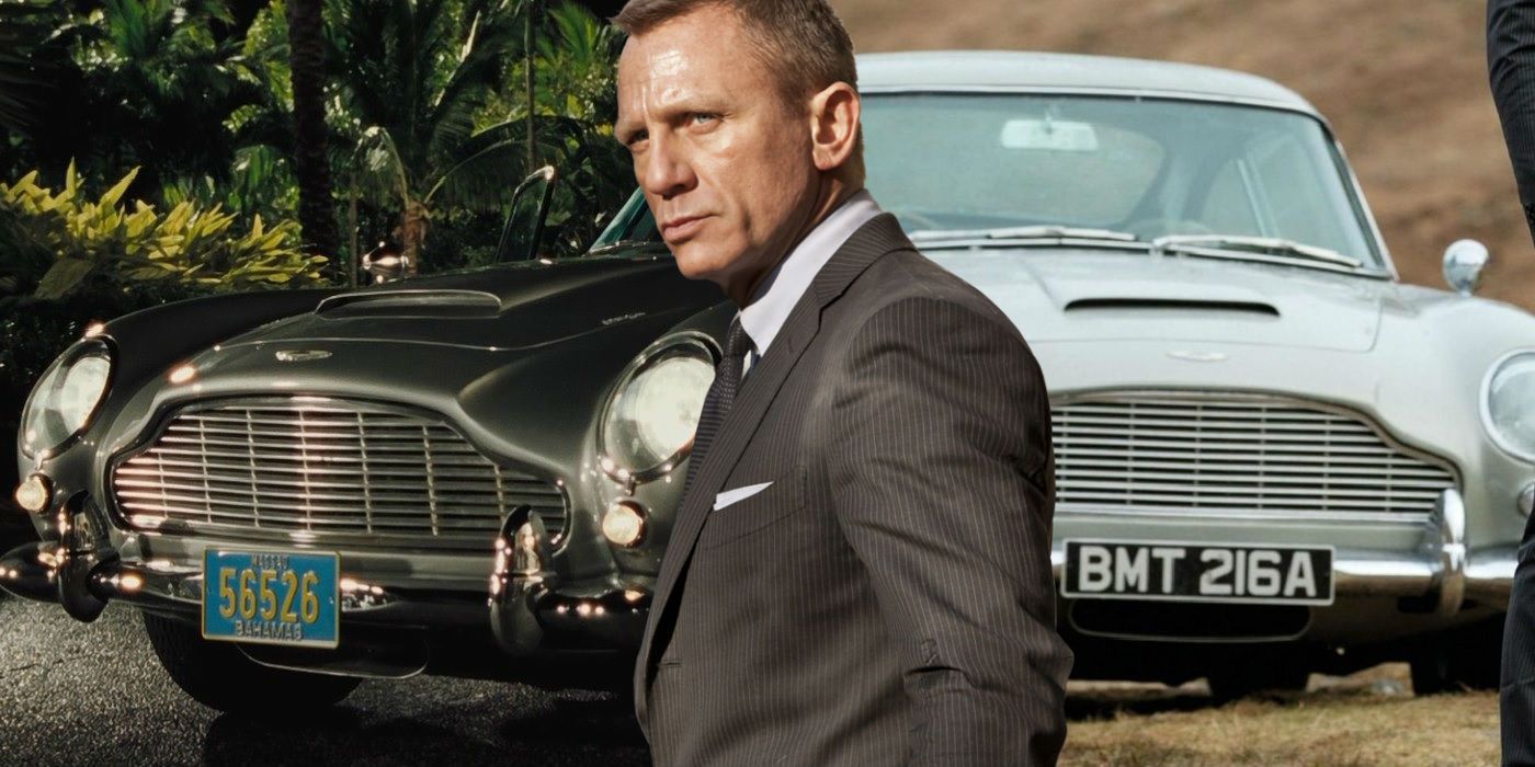 Daniel Craig as James Bond with 2 superimposed Aston Martin cars.