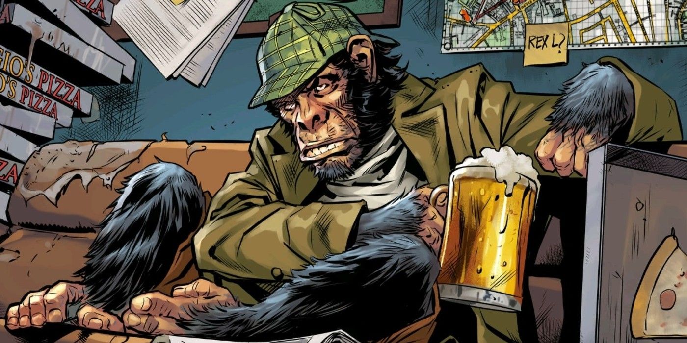 Detective Chimp drinking a beer in the comics