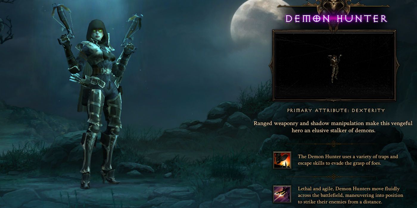 The female Demon Hunter on the Diablo III title screen