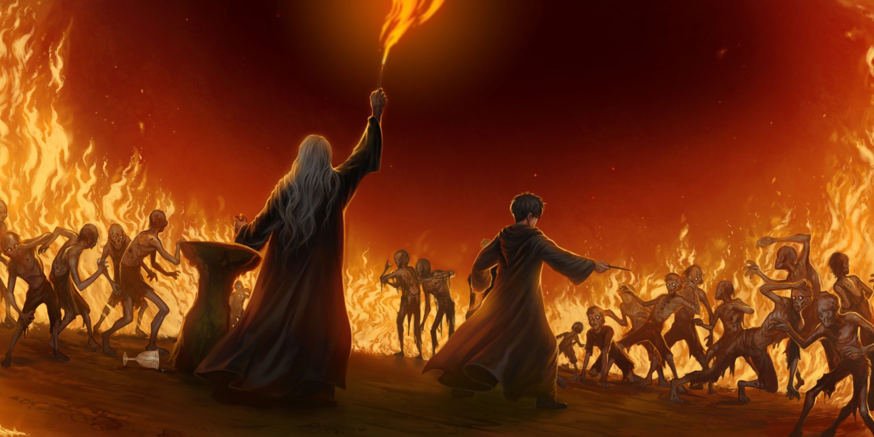 Dumbledore Casting Fire Spell on the Inferi in a Harry Potter illustration