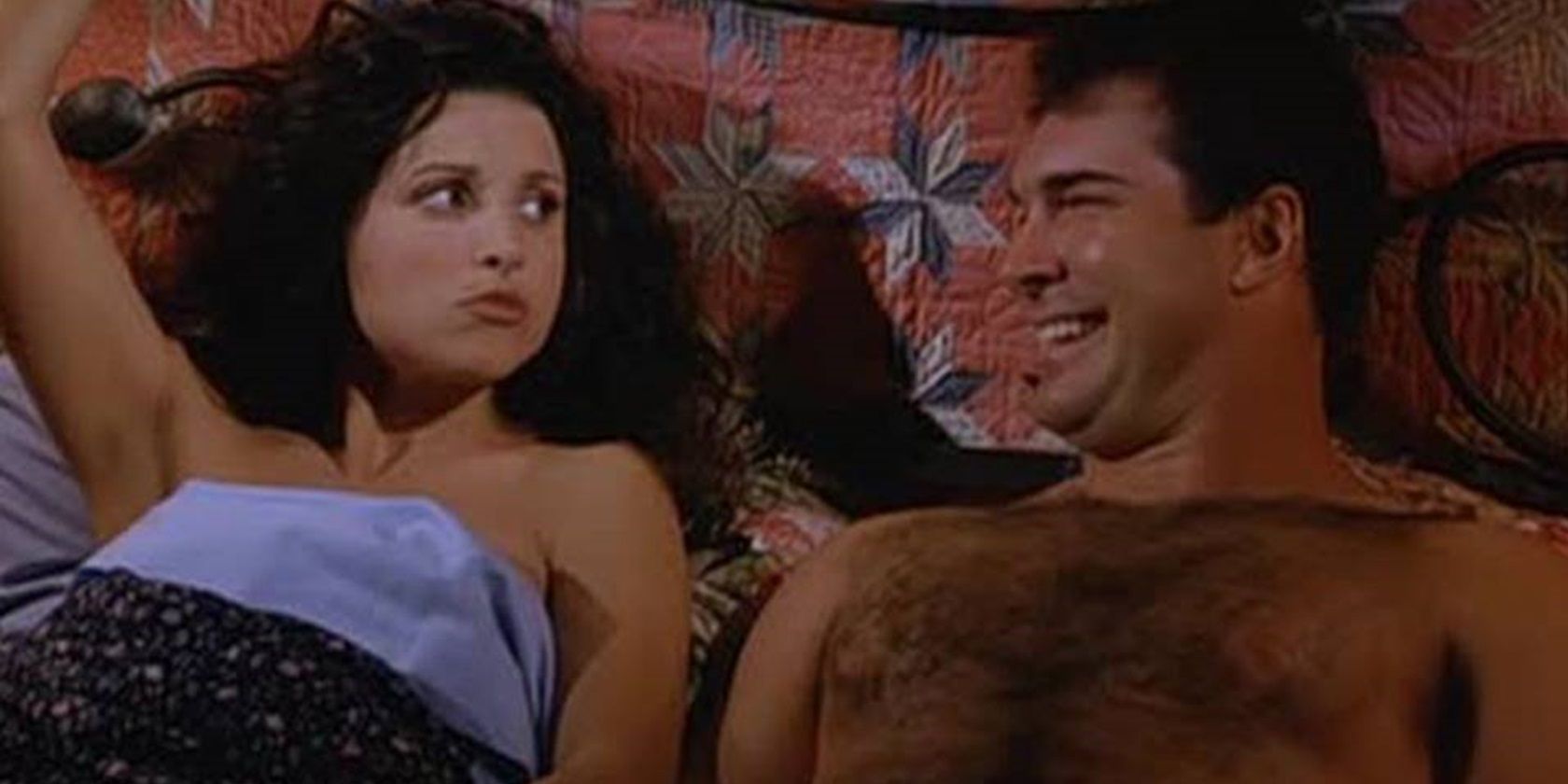 Elaine Benes and David Puddy in bed on Seinfeld