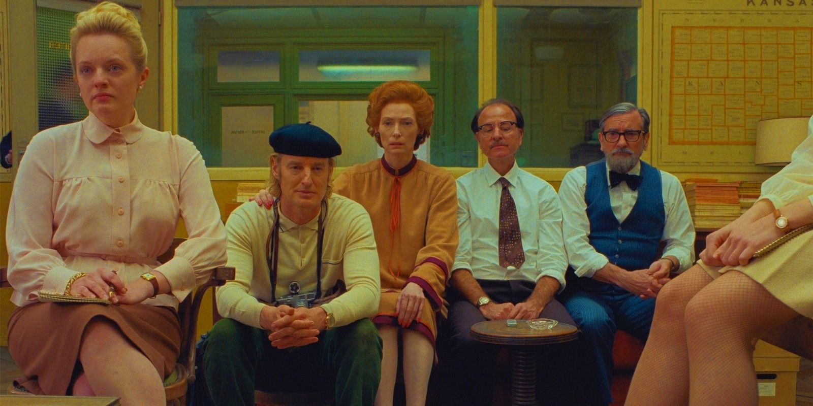 Elisabeth Moss, Owen Wilson, Tilda-Swinton, Fisher Stevens, and Griffin-Dunne from The French Dispatch