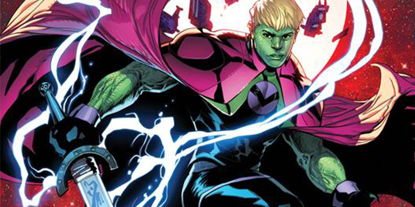 Hulkling wielding a sword while surrounded by lightning in Marvel Comics.