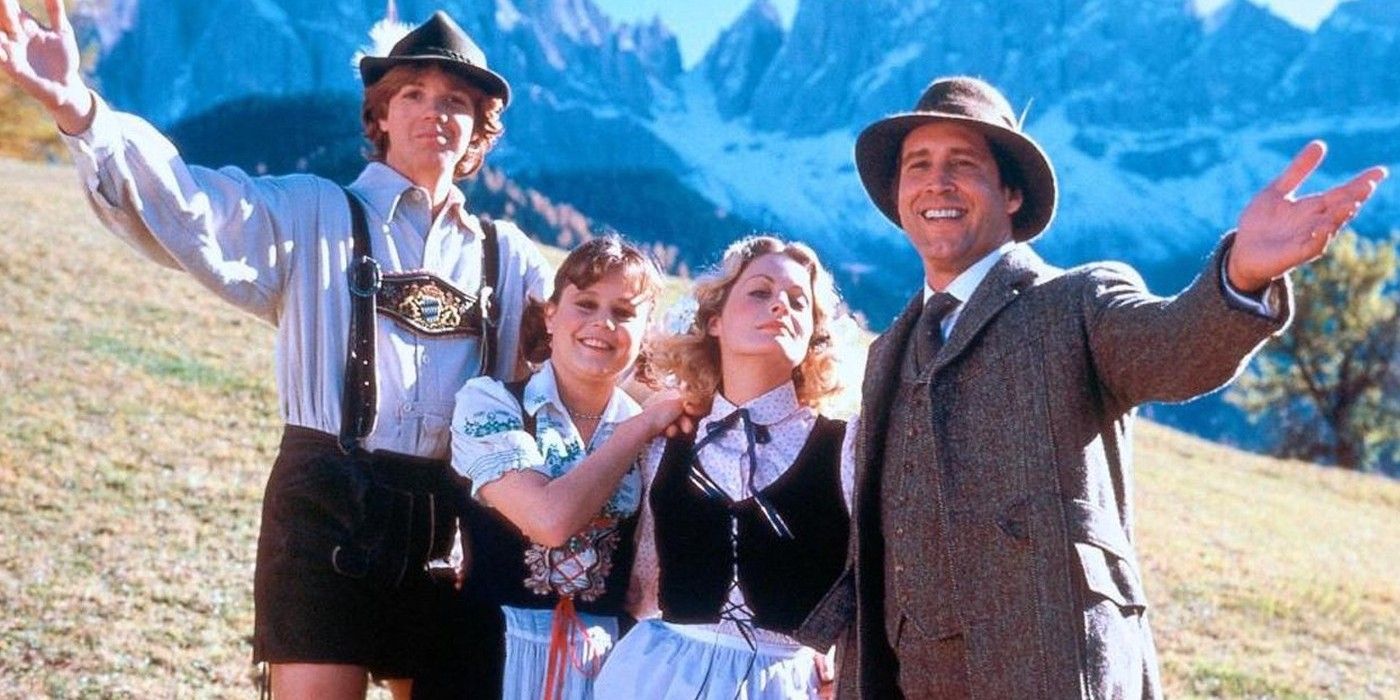 The Griswald family poses in front of the Alps in European Vacation 