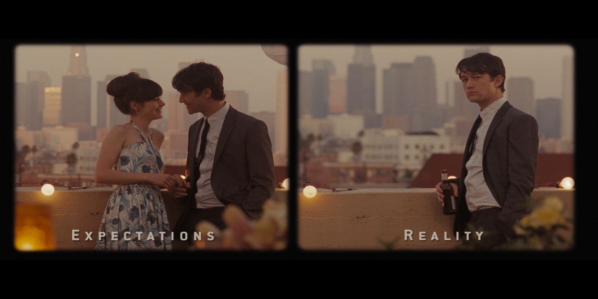 Side by side shots of Tom's expectations vs. his reality in 500-Days-of-Summer
