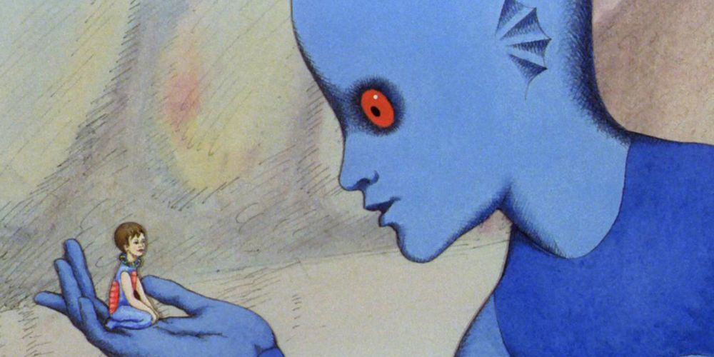 A Traag holds a human in Fantastic Planet