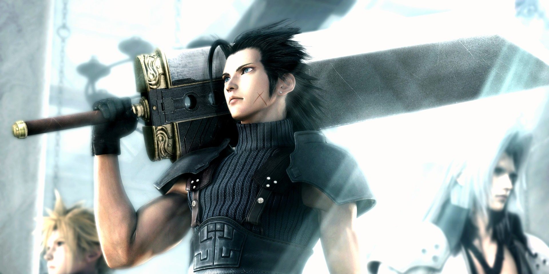 Crisis Core: Final Fantasy 7 Reunion's protagonist Zack Fair holding the huge Buster Sword on his shoulder while Cloud and Sephiroth can be seen in the bright, nondescript background to either side of him.