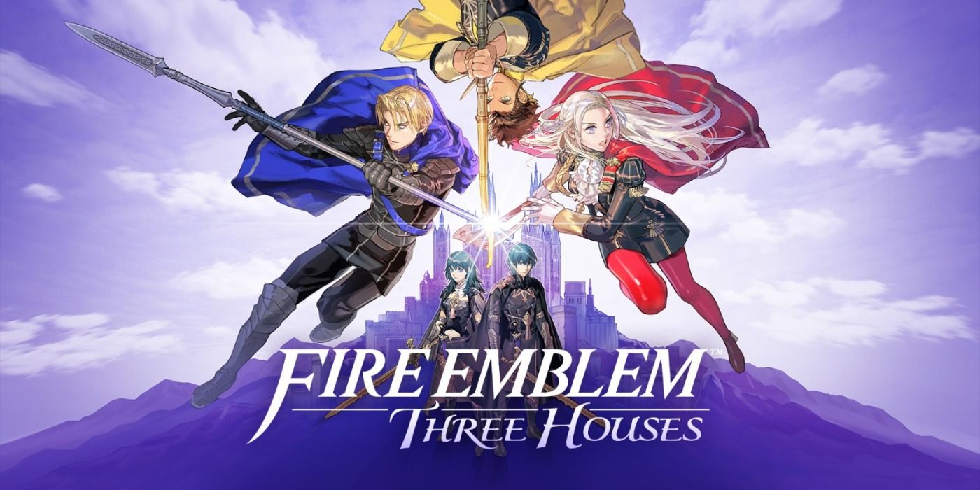 Fire Emblem: Three Houses art with the house leaders set against the backdrop of the school.