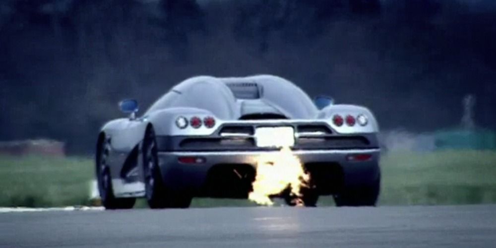 Fire coming out of the back of a Koenigsegg on Top Gear
