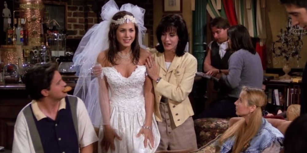 Rachel wearing her wedding dress in Central Perk in Friends