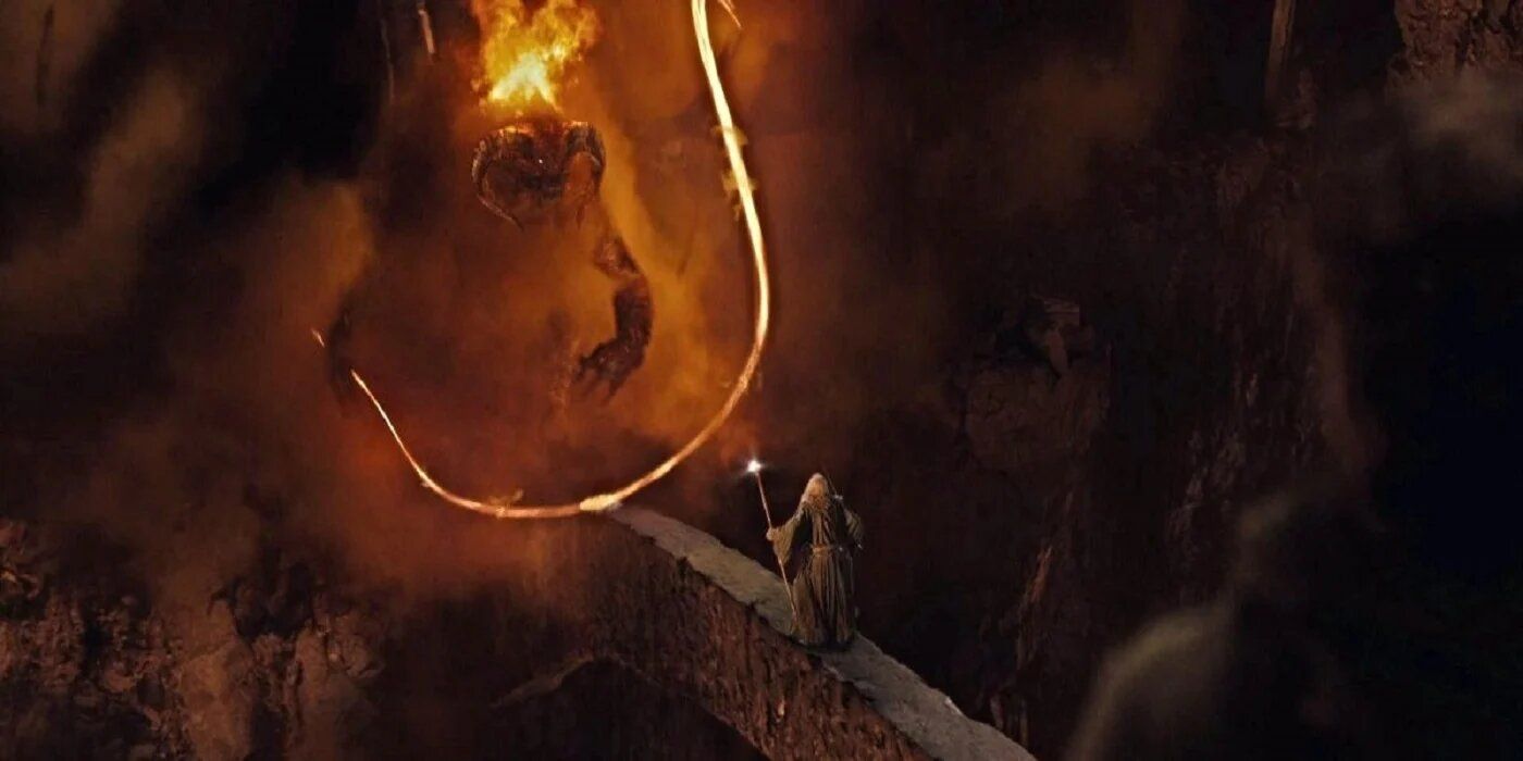 Gandalf facing the Balrog on the bridge of khazad-dum in the fellowship of the ring