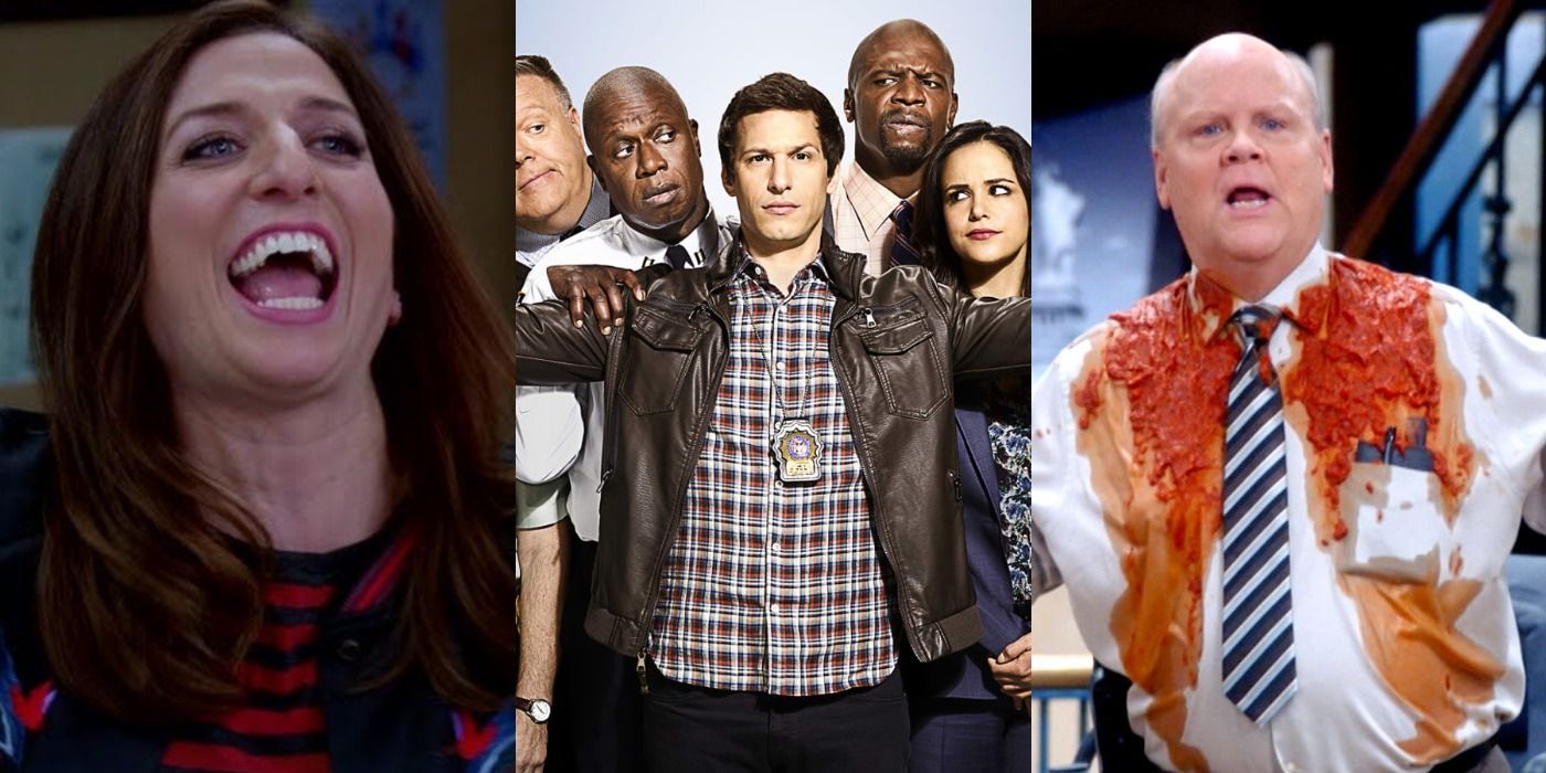 Gina laughing and Hitchcock covered in sauce Brooklyn Nine Nine collage