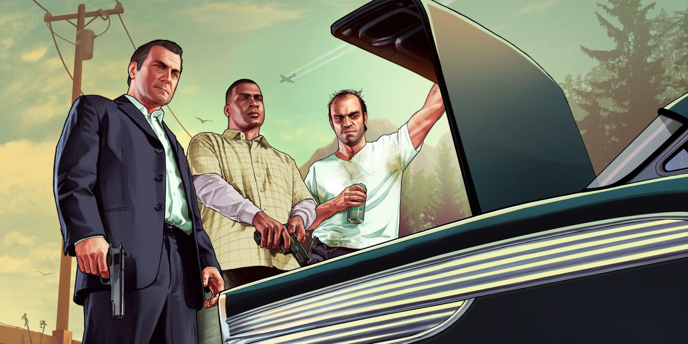 Official GTA 5 art of Michael, Trevor, and Franklin look into a car's trunk