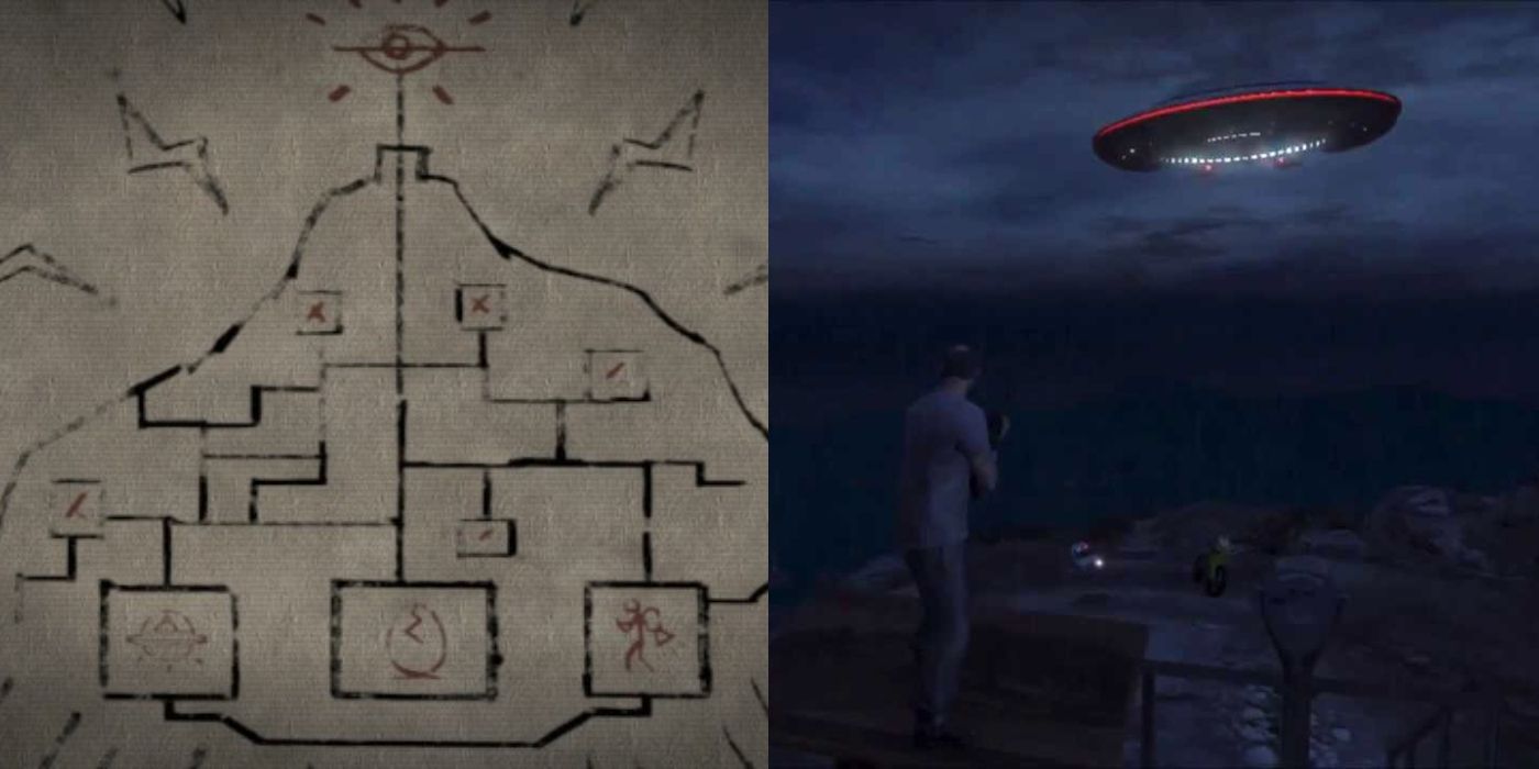 Split image of the Mount Chiliad mural and Trevor looking at a UFO in Grand Theft Auto 5