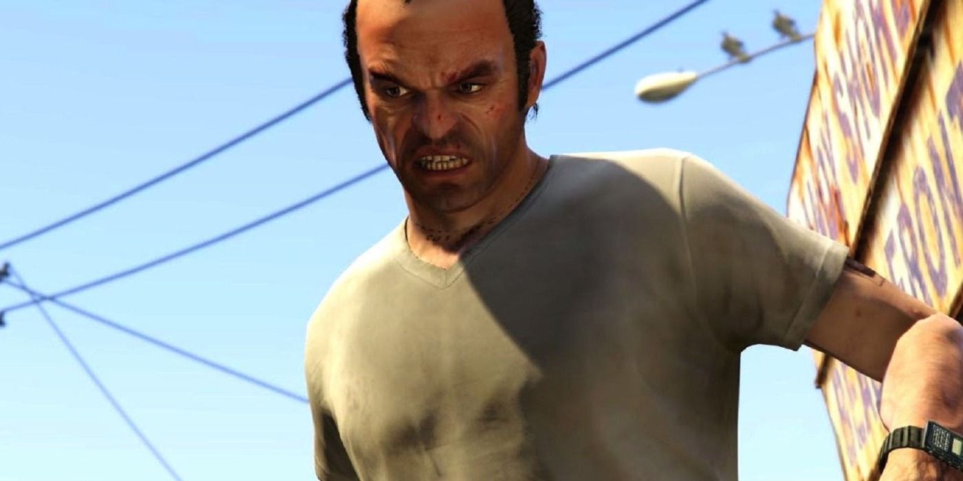 Trevor de Grand Theft Auto 5, parecendo zangado.