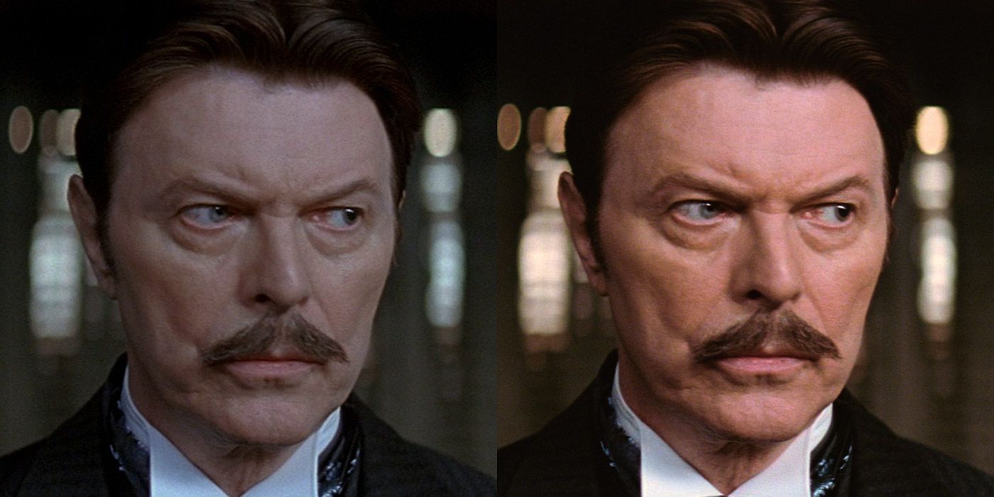 A side by side comparison of HDR video vs. non-HDR video using the same image of David Bowie in The Prestige