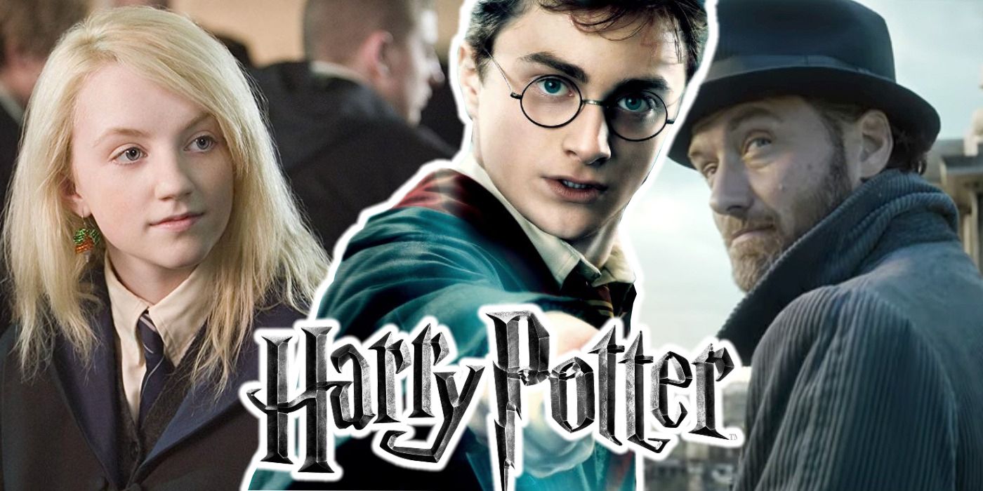 Harry Potter, Luna Lovegood, and Albus Dumbledore from the Harry Potter and Fantastic Beasts movies.
