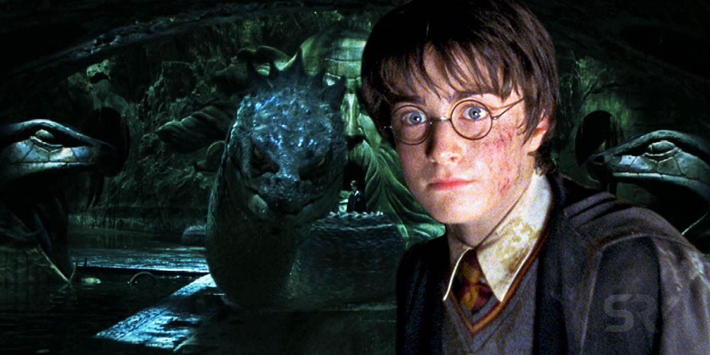 Harry Potter battles the Basilisk in the Chamber of Secrets